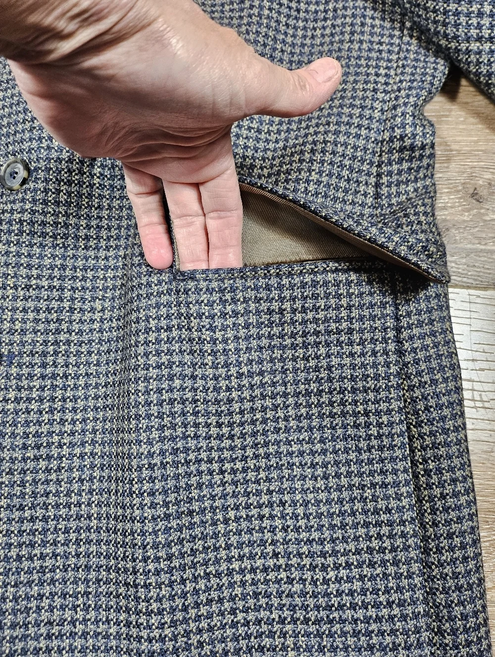 Vintage J Riggings 100% Wool Tweed Blue Tan Houndstooth Sport Coat Blazer 42R